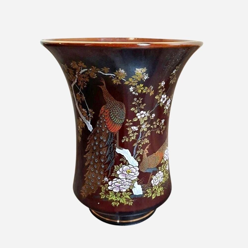 Vintage Japanese Yamaji Porcelain Vase Peacock, Floral, 8" Tall